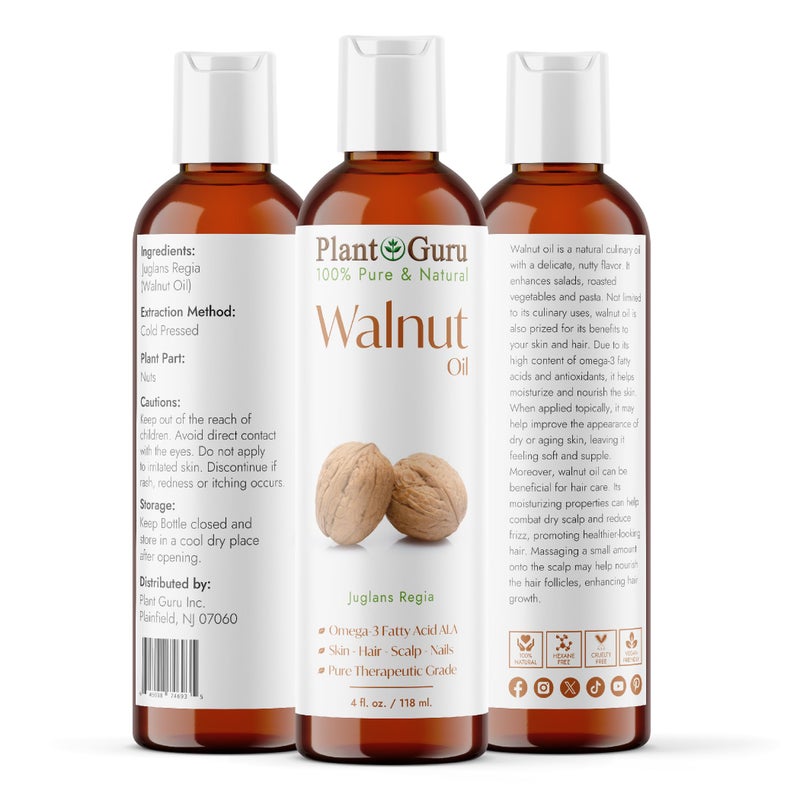 Plant Guru Walnut Oil 4 fl. oz. - Cold Pressed 100% Pure Natural - Skin, Body, Face, and Hair Growth Moisturizer. Great For Creams, Lotions, Lip balm and Soap Making - Image 1
