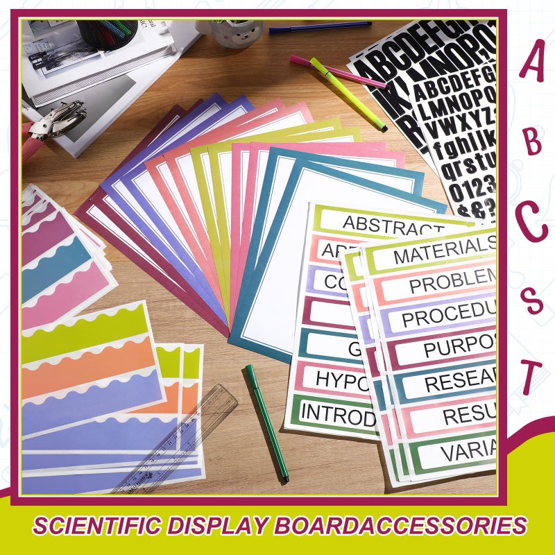 Sinload 92 Pcs Science Fair Board Supplies 60 Trim Scalloped Poster Boards 18 Presentation Subtitles 6 Project Titles 8 Letter Sticker for Classroom Display Boards(Bright Color,Wave) - Image 4