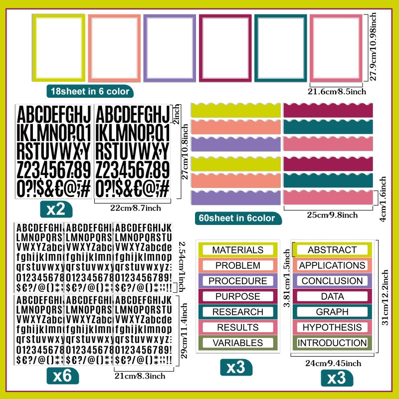 Sinload 92 Pcs Science Fair Board Supplies 60 Trim Scalloped Poster Boards 18 Presentation Subtitles 6 Project Titles 8 Letter Sticker for Classroom Display Boards(Bright Color,Wave) - Image 2