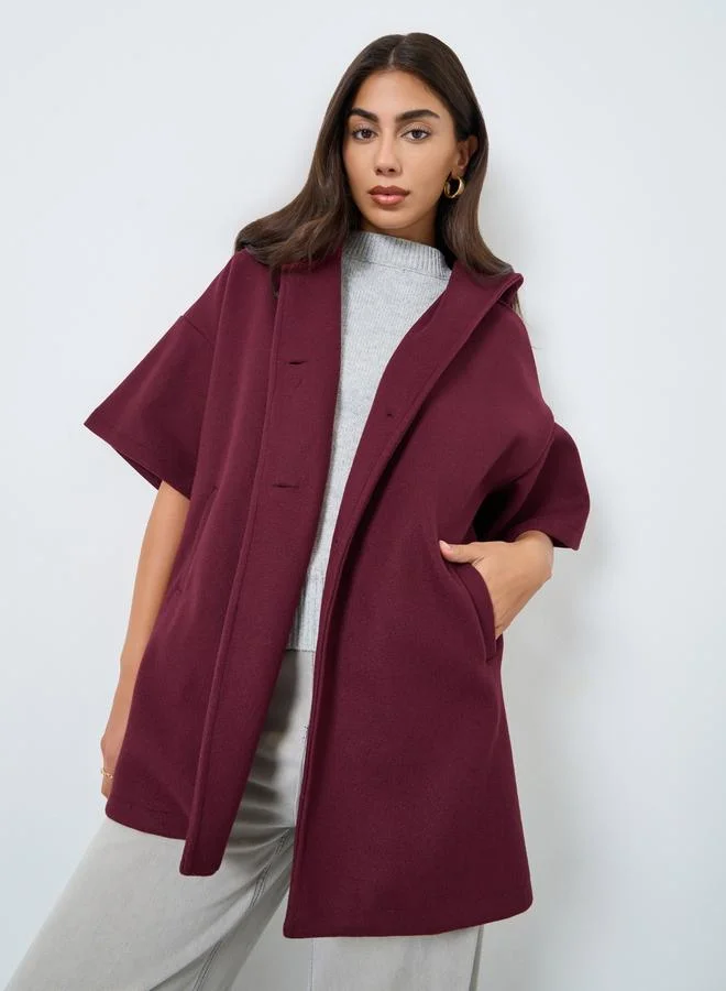 Styli Styli Burgundy Oversized Longline Hooded Cape Coat
