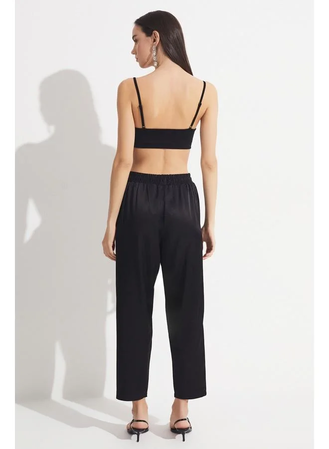 JUNE June Exclusive Rayon Blend Patterned Woven Elastic Waist Trouser Black