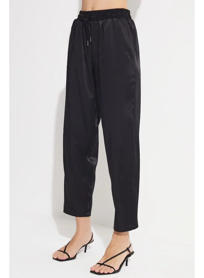JUNE June Exclusive Rayon Blend Patterned Woven Elastic Waist Trouser Black
