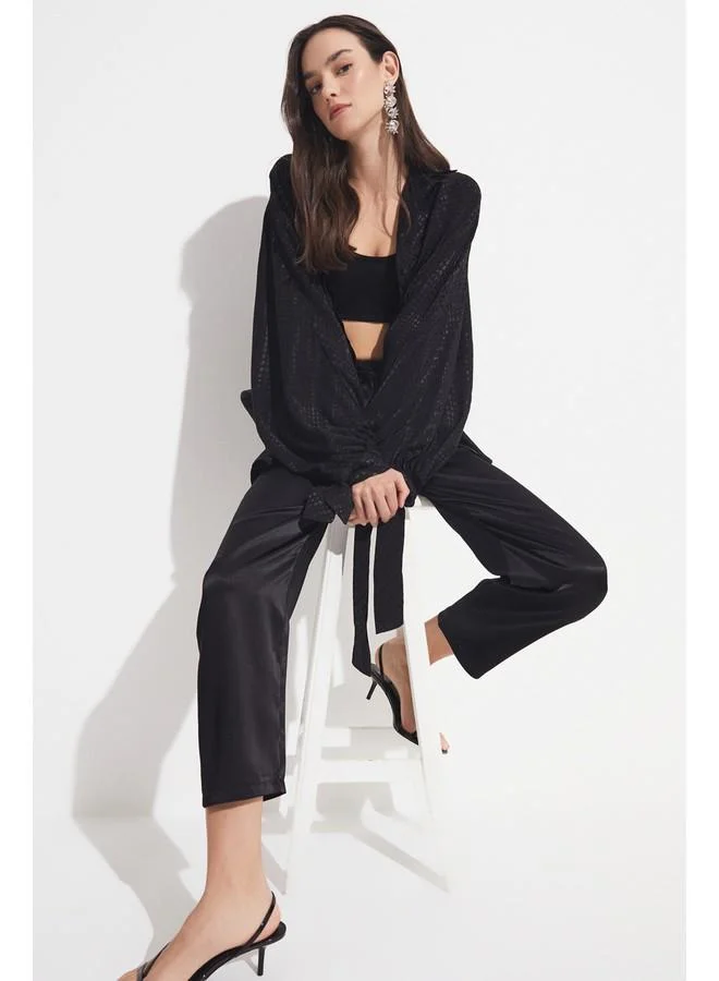 JUNE June Exclusive Rayon Blend Patterned Woven Elastic Waist Trouser Black