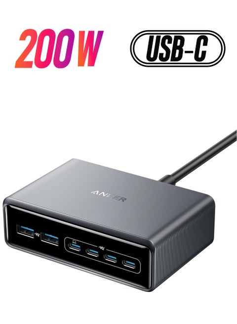 Prime Charger, 200W 6-Port GaN Charging Station, Fast Charging USB C Charger, Compatible with iPhone 16/15/14 Series, MacBook Pro/Air, iPad Pro, Dell XPS, Samsung S25/S24, Huawei, Xiaomi, Vivo