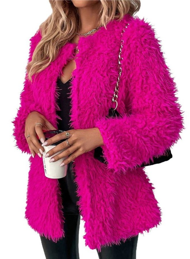 RED DOT BOUTIQUE Plus Size Open Front Statement Pockets Long Sleeves Fuzzy Teddy Faux Fur Coat Jacket, Hot Pink Fur, XS - Image 1