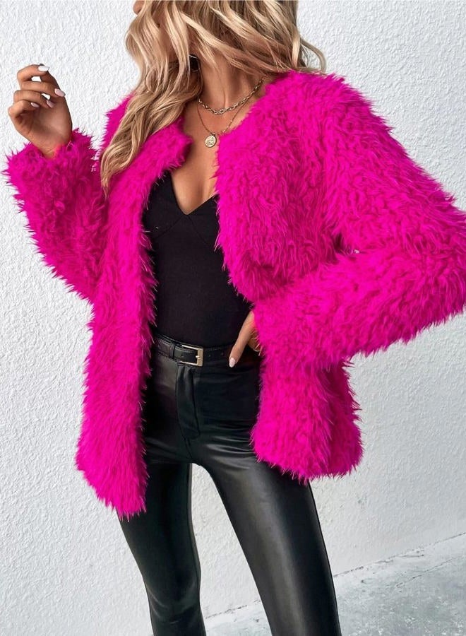 RED DOT BOUTIQUE Plus Size Open Front Statement Pockets Long Sleeves Fuzzy Teddy Faux Fur Coat Jacket, Hot Pink Fur, XS - Image 4