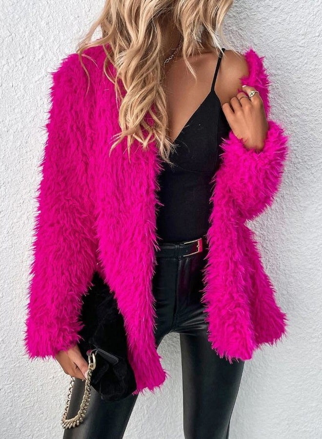 RED DOT BOUTIQUE Plus Size Open Front Statement Pockets Long Sleeves Fuzzy Teddy Faux Fur Coat Jacket, Hot Pink Fur, XS - Image 2