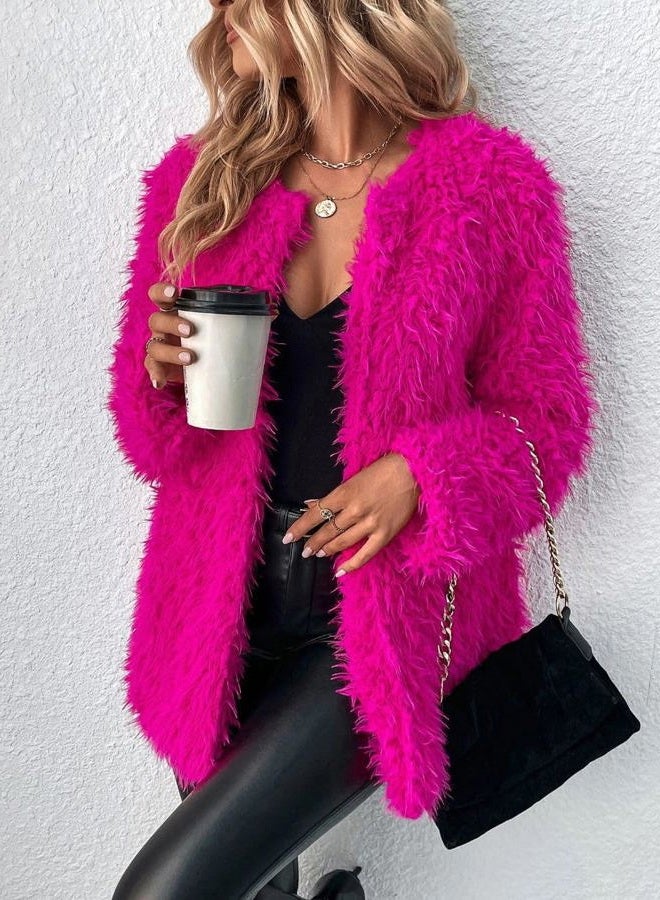 RED DOT BOUTIQUE Plus Size Open Front Statement Pockets Long Sleeves Fuzzy Teddy Faux Fur Coat Jacket, Hot Pink Fur, XS - Image 3