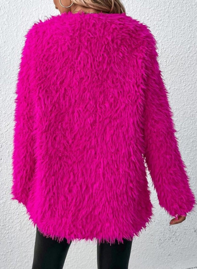 RED DOT BOUTIQUE Plus Size Open Front Statement Pockets Long Sleeves Fuzzy Teddy Faux Fur Coat Jacket, Hot Pink Fur, XS - Image 5