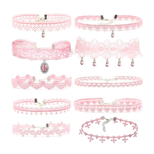 Ximerinf Pink Lace Choker Necklace Set 10 Pieces Pink - Image 1