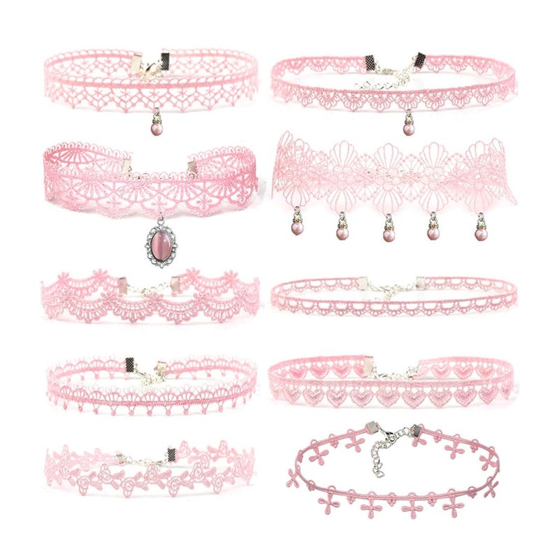 Ximerinf Pink Lace Choker Necklace Set 10 Pieces Pink - Image 2