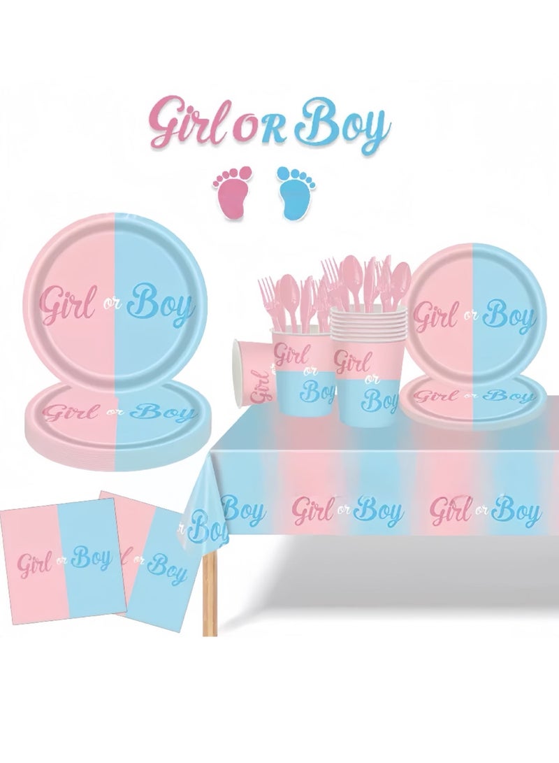 Girl Or Boy Gender Reveal Party Tableware Set, Serves 16 Guests, Disposable Pink Blue Plates Cups Tablecloth Cutlery, Baby Gender Announcement Party Decoration Supplies - Image 1