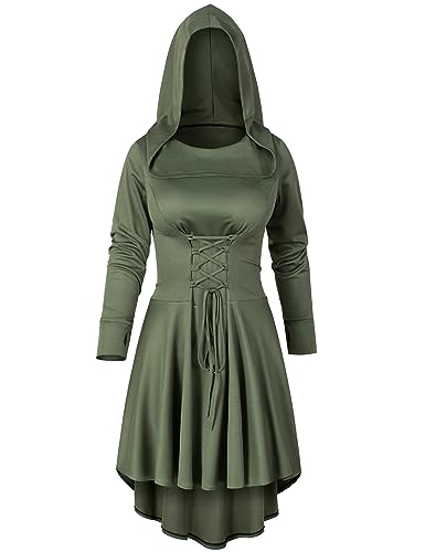 Irtysh Womens Base Vintage High Low Pullover Medieval Hooded Robe Cloak Dress Costumes Cosplay Net Leggings Set(Green 3XL) - Image 2