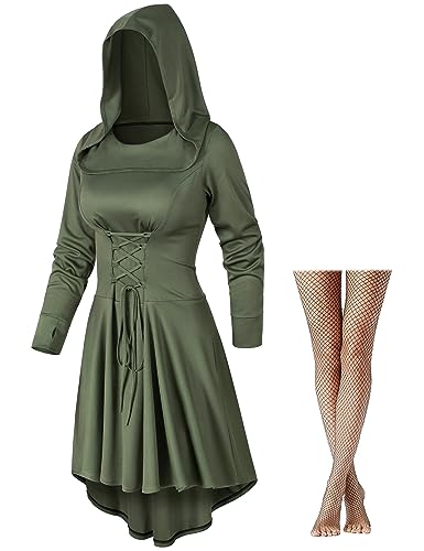 Irtysh Womens Base Vintage High Low Pullover Medieval Hooded Robe Cloak Dress Costumes Cosplay Net Leggings Set(Green 3XL) - Image 1