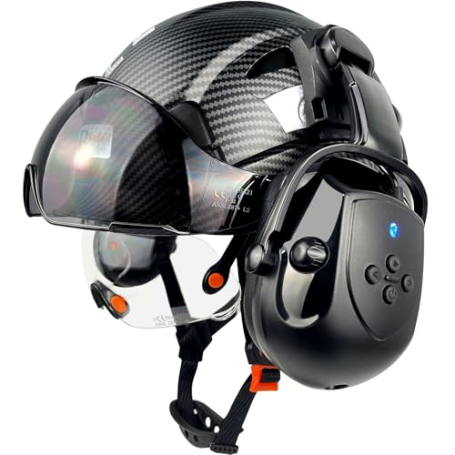 SAFEBUILDER Safety Helmet with VisorBluetooth Ear Muffs SNR 26dBHard Hat with Visors Mounted Ear muffOSHA Hardhats Vented 01Matte Black Hat Wtih ClearTinted Visor Bluetooth Ear Muffs