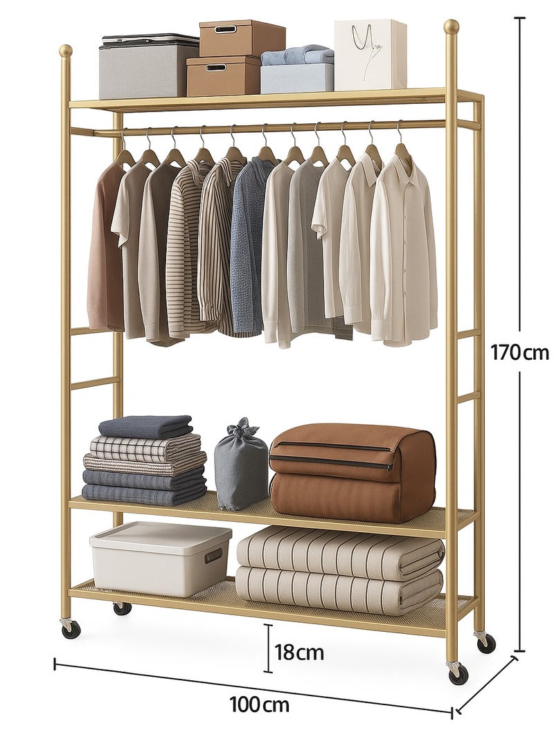 Living Heavy-Duty Gold Metal Clothes Rack with Shelves and Wheels for Bedroom and Laundry Room - 170x100 cm 