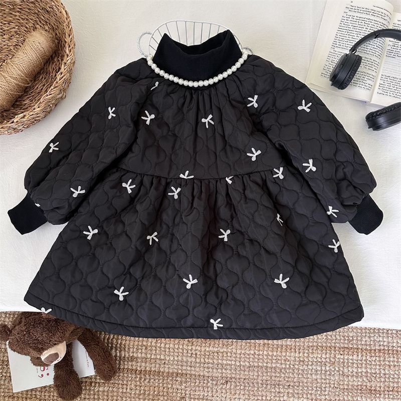 New 2024 Girls Korean Style fleece-lined dress Winter fleece-lined Girl Baby Quilted Chanel Style Princess Dress Coat Black