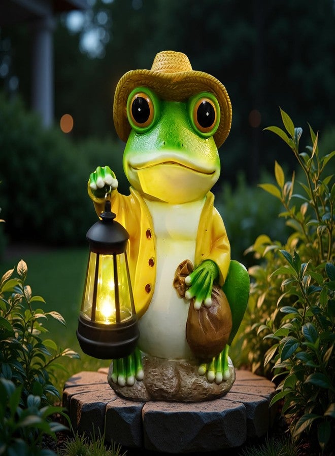 twinbling Decorative Frog Figurine with Lantern and Satchel, Green and Brown, 5 in - Image 1