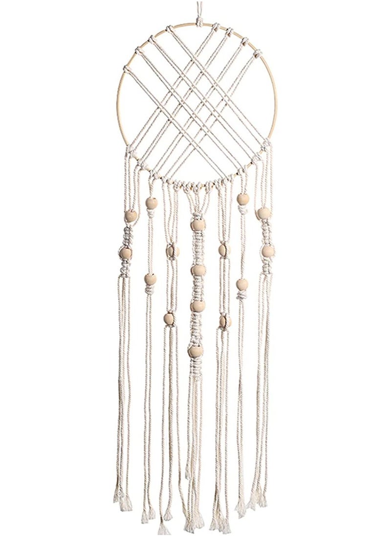 Decorhills Hand-Woven Macramé Tapestry with Wooden Beads | Boho Wall Hanging Dream Catcher for Bedroom, Living Room, Nursery | Handmade Cotton Rope Art for Home Décor | Beige, Minimalist & Aesthetic Design  - Image 1