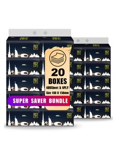 Facial Tissue - Premium Quality 4-Ply - 480 Sheets | 20 Value Packs | Soft, Durable & Moisture Proof | 100% Raw Wood Pulp - Ideal for Wet & Dry | Available in 5 to 100 Packs
