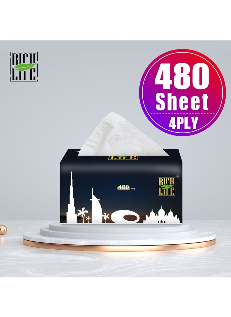Rich Life - Facial Tissue - Premium Quality 4-Ply - 480 Sheets | 20 Value Packs | Soft, Durable & Moisture Proof | 100% Raw Wood Pulp - Ideal for Wet & Dry | Available in 5 to 100 Packs - Image 1