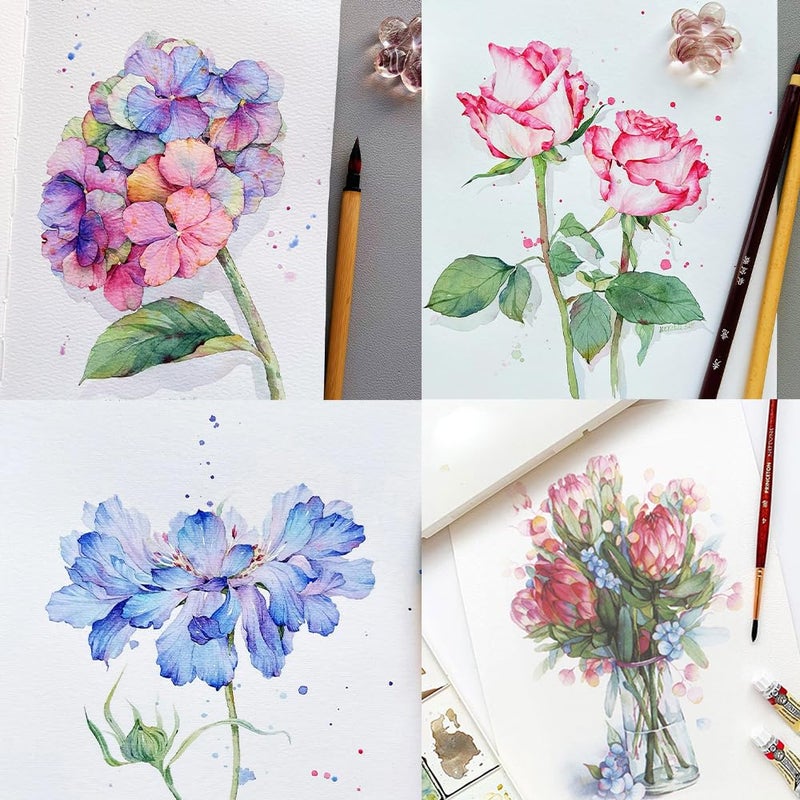 RGBMIX 14 Sheets Flower Watercolor Paper Book 9x12'' Watercoloring Pad Arts Water Coloring Pad Paint Stress-Relief Painting Pad Art Painting Supplies Ideal for Beginners - Image 2