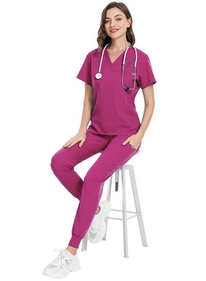 Loquat Unisex Medical Uniform Scrubs 2 Piece Set V-Neck Top and Elastic Waist Jogger Pants Suit Rose Pink  - Image 1