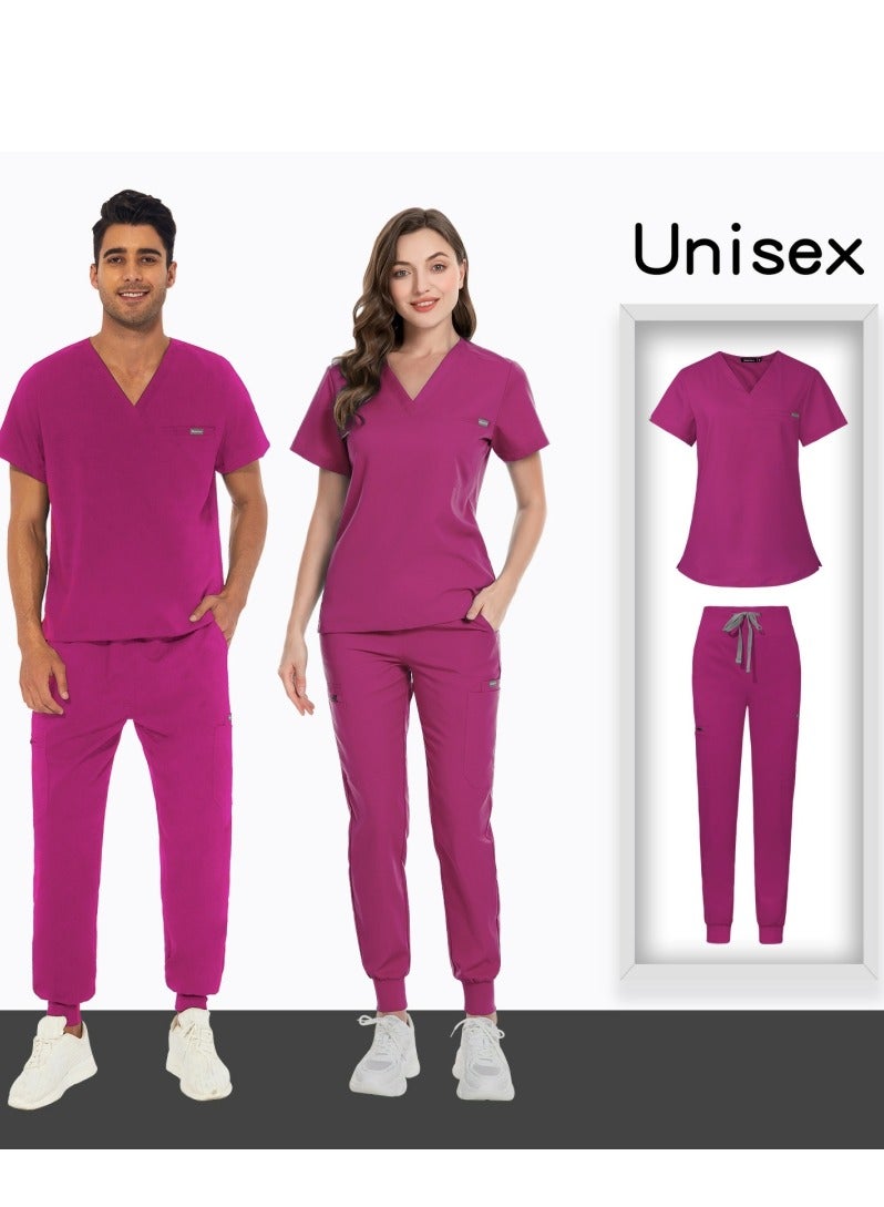 Loquat Unisex Medical Uniform Scrubs 2 Piece Set V-Neck Top and Elastic Waist Jogger Pants Suit Rose Pink  - Image 2