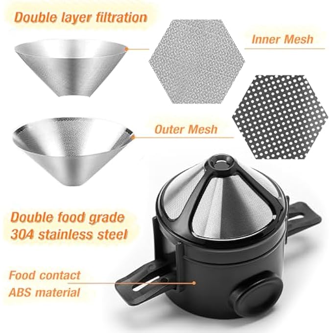 JIANGLAI Reusable Pour Over Coffee Dripper Portable Stainless Steel Cone Coffee Filter With Collapsible Holders Paperless Coffee Maker 12 Cup For Home Office And Travel Camping Black2 - Image 4