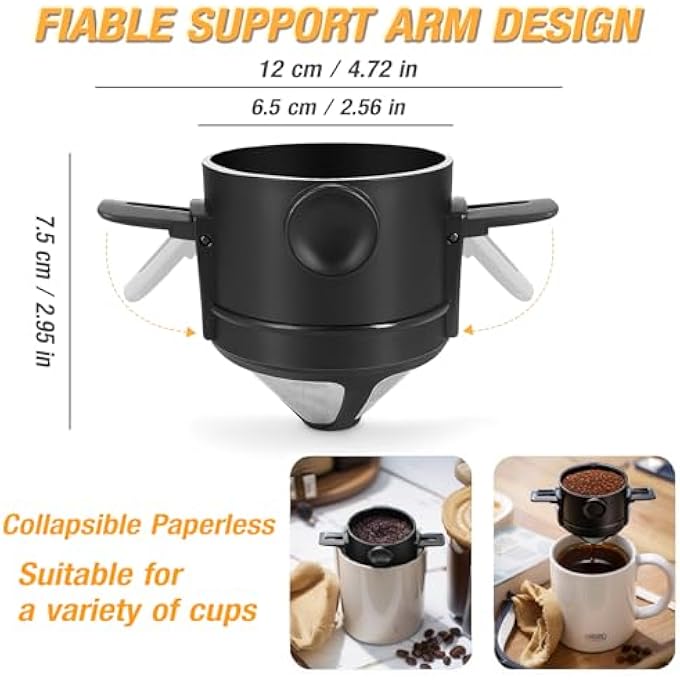 JIANGLAI Reusable Pour Over Coffee Dripper Portable Stainless Steel Cone Coffee Filter With Collapsible Holders Paperless Coffee Maker 12 Cup For Home Office And Travel Camping Black2 - Image 3