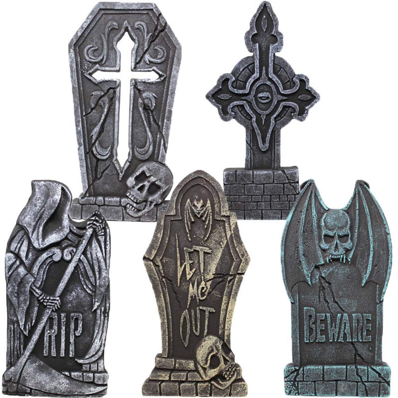 JOYIN 17 Halloween Decorations Outdoor Tombstones 5 Pack Halloween Foam Graveyard Headstone Decorations with 12 Bonus Metal Stakes for Yard Lawn Outside Decor