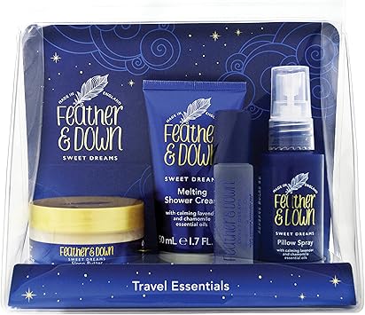 Feather & Down Feather Down Travel Essentials Gift Set Pillow Spray Melting Shower Cream Sleep Butter Relaxing RollOn Infused with Lavender Chamomile Essential Oils Vegan Friendly Cruelty Free  - Image 1