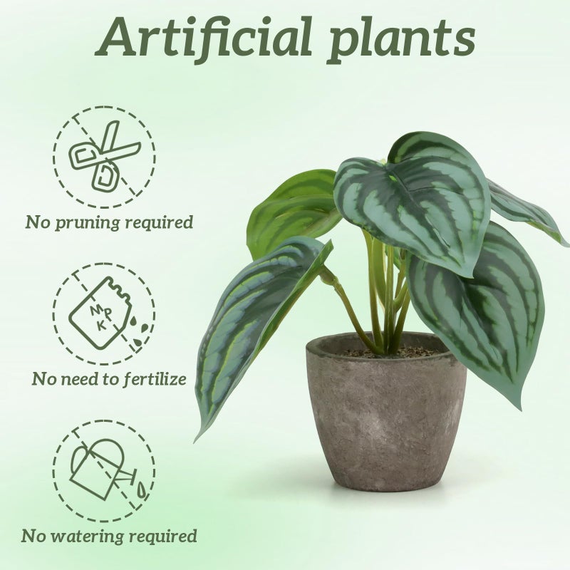 Woration 4Pcs Artificial Plants Potted Small Fake Tropical Faux Greenery Monstera & Watermelon Leaves Indoor for Office Desk Shelf Bathroom Home Decorations - Image 5