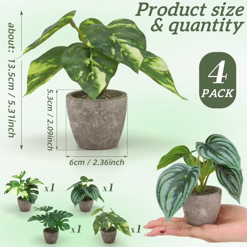 Woration 4Pcs Artificial Plants Potted Small Fake Tropical Faux Greenery Monstera & Watermelon Leaves Indoor for Office Desk Shelf Bathroom Home Decorations - Image 3