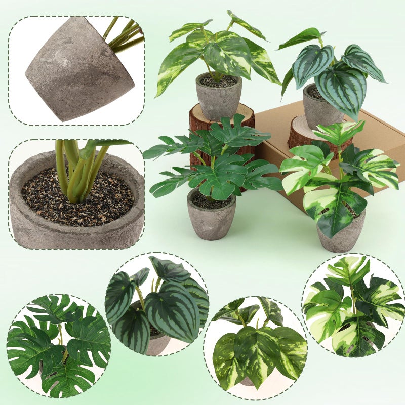 Woration 4Pcs Artificial Plants Potted Small Fake Tropical Faux Greenery Monstera & Watermelon Leaves Indoor for Office Desk Shelf Bathroom Home Decorations - Image 4