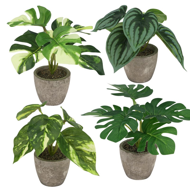 Woration 4Pcs Artificial Plants Potted Small Fake Tropical Faux Greenery Monstera & Watermelon Leaves Indoor for Office Desk Shelf Bathroom Home Decorations - Image 1
