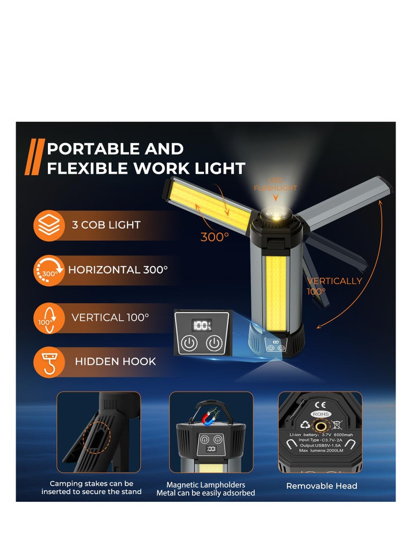 ZLH HITY Rechargeable Work Light with Stand,LED Work Light with Portable Folding Stand,Battery Work Light for Cordless,2000Lumen Outdoor Camping Construction Lights  - Image 2