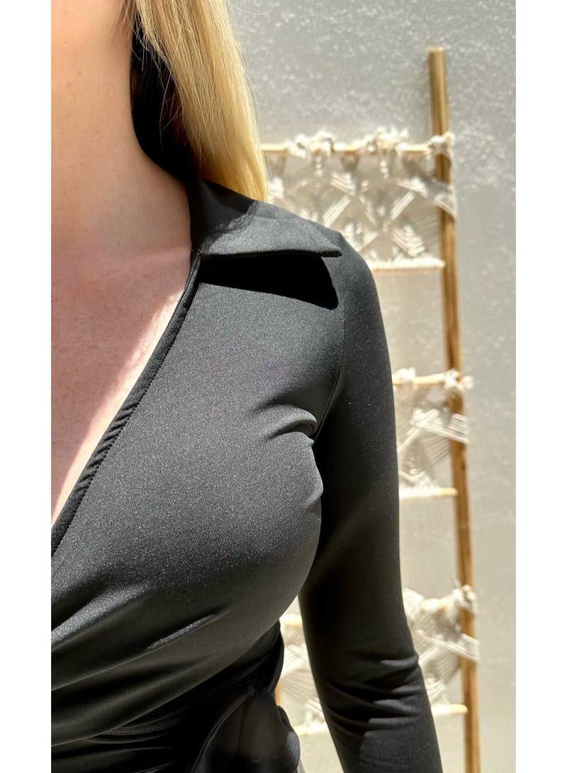 Alorabella Penelope Wrap Over Collar Top - Black  - Image 4