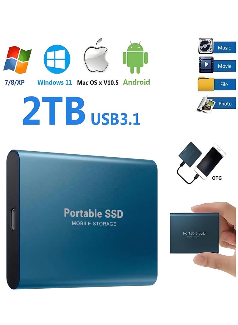 2TB Portable External Hard Drive, Mini SSD Hard Drives,Solid State External Drives,Computer Backup Drive,USB 3.1 to Type-C Support Data Storage Transfer for Windows XP PC Laptop and Mac(Blue) - Image 2