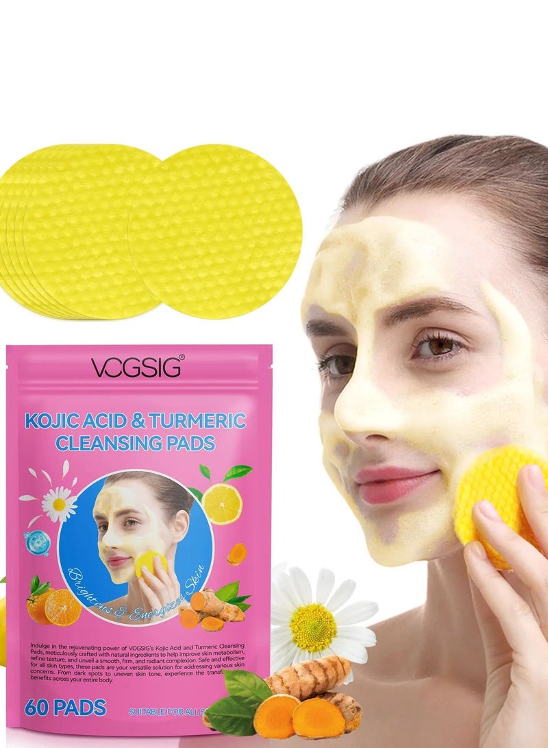 VOGSIG 60Pcs Kojic Acid and Turmeric Cleansing Pads for Dark Spots Helps Balance Skin Oil and Water Fade Spot Remove Excess Keratin Clean Oil Refines Pores Turmeric Kojic Acid Cleansing Pads  - Image 1