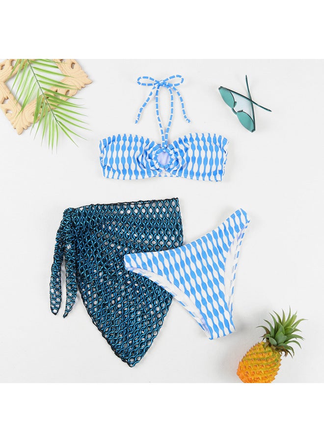 Generic Jinrui Swimsuit Women's Special Fabric Two-color Cloth Swimsuit Special Mesh Three-piece Bikini-Color:Blue And White Two-tone-Size:L - Image 1