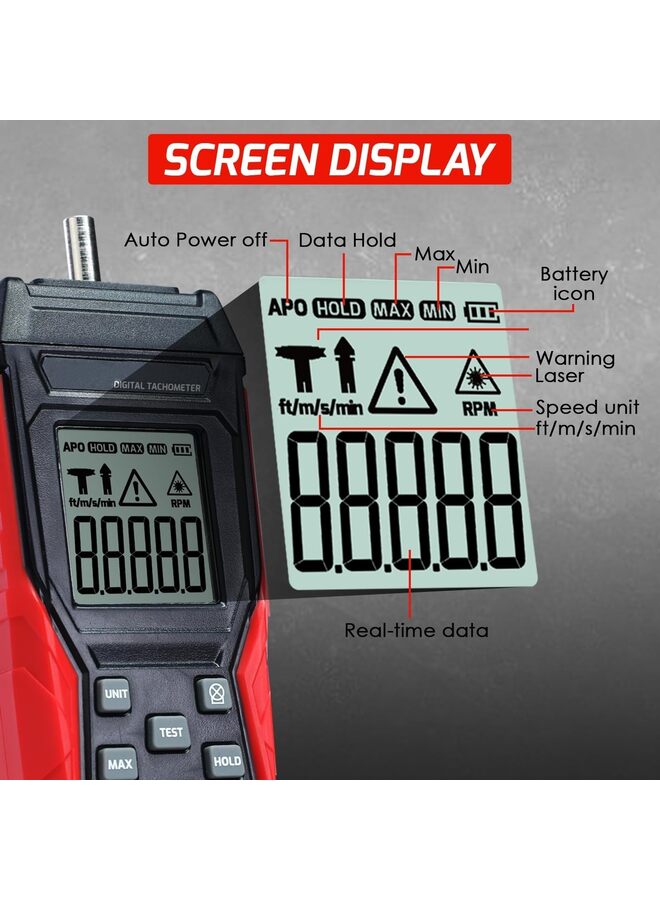 Digital 2-In-1 Tachometer Noncontact Laser Photo Sensor 3-100000RPM and Contact 3-19999RPM Meter RPM Gauge Tester Professional MAX/MIN/Hold Data, Handheld Car Engine Tool - Image 2
