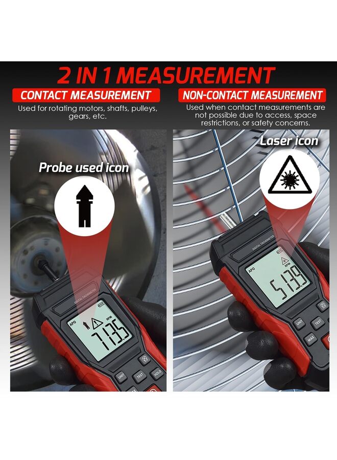 Digital 2-In-1 Tachometer Noncontact Laser Photo Sensor 3-100000RPM and Contact 3-19999RPM Meter RPM Gauge Tester Professional MAX/MIN/Hold Data, Handheld Car Engine Tool - Image 3