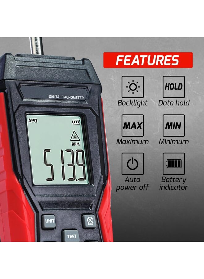 Digital 2-In-1 Tachometer Noncontact Laser Photo Sensor 3-100000RPM and Contact 3-19999RPM Meter RPM Gauge Tester Professional MAX/MIN/Hold Data, Handheld Car Engine Tool - Image 5