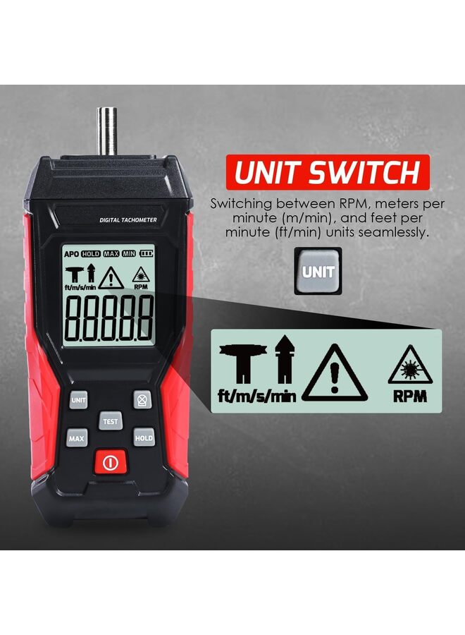 Digital 2-In-1 Tachometer Noncontact Laser Photo Sensor 3-100000RPM and Contact 3-19999RPM Meter RPM Gauge Tester Professional MAX/MIN/Hold Data, Handheld Car Engine Tool - Image 4