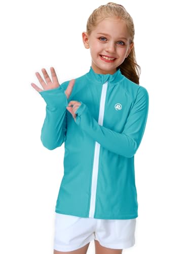 AOBUTE Boy SPF 50+ Long Sleeve Rash Guard Swim Shirt Kids Sun Protection Swimwear Tops with Thumbholes Aqua Blue 5-6Y - Image 2