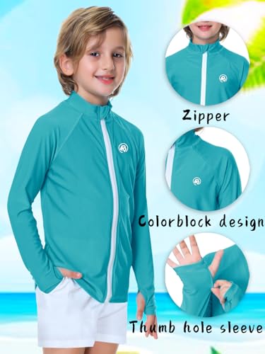 AOBUTE Boy SPF 50+ Long Sleeve Rash Guard Swim Shirt Kids Sun Protection Swimwear Tops with Thumbholes Aqua Blue 5-6Y - Image 3