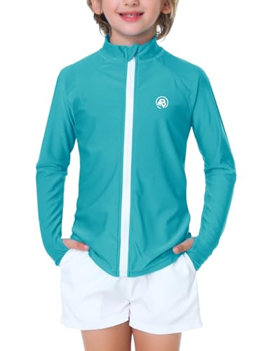 AOBUTE Boy SPF 50+ Long Sleeve Rash Guard Swim Shirt Kids Sun Protection Swimwear Tops with Thumbholes Aqua Blue 5-6Y - Image 1
