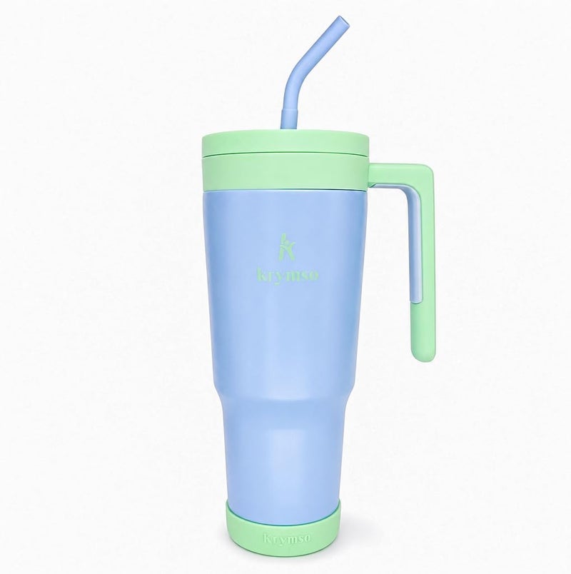 KRYMSO 1200ml Stainless Steel Tumbler with Handle, Straw Lid, Silicon Base, Vacuum Insulated, Leak-Proof, Reusable Travel Mug for Coffee, Smoothie, Water, Iced Drinks with infuser (Blue) - Image 1