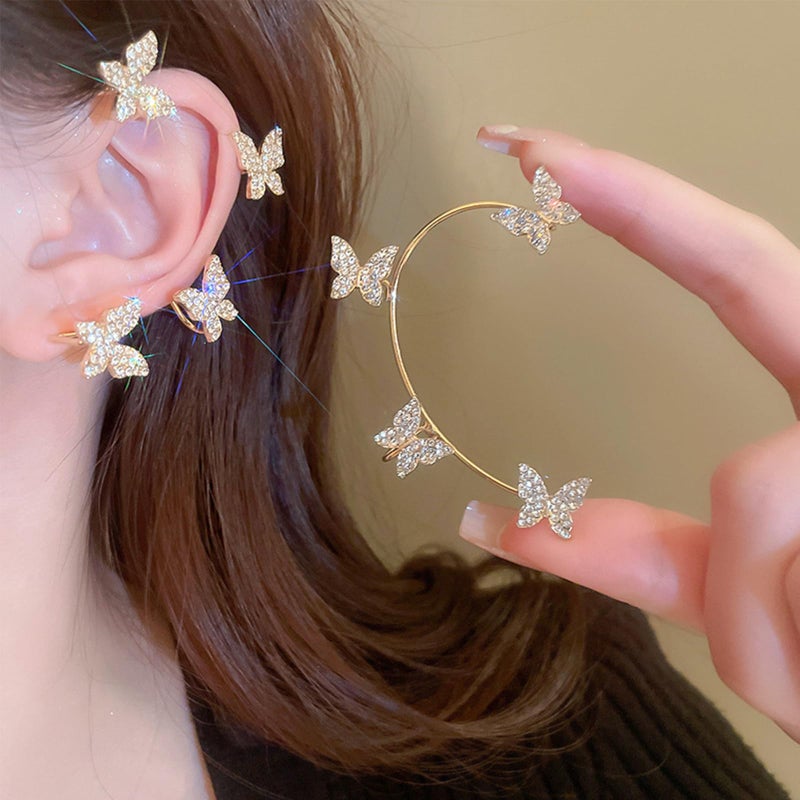 HTH Butterfly Ear Cuff Earrings Sparkly Butterfly Ear Wrap Clip On Earrings Fairy Right Left Ear Cuffs Non Piercing (Gold) - Image 2